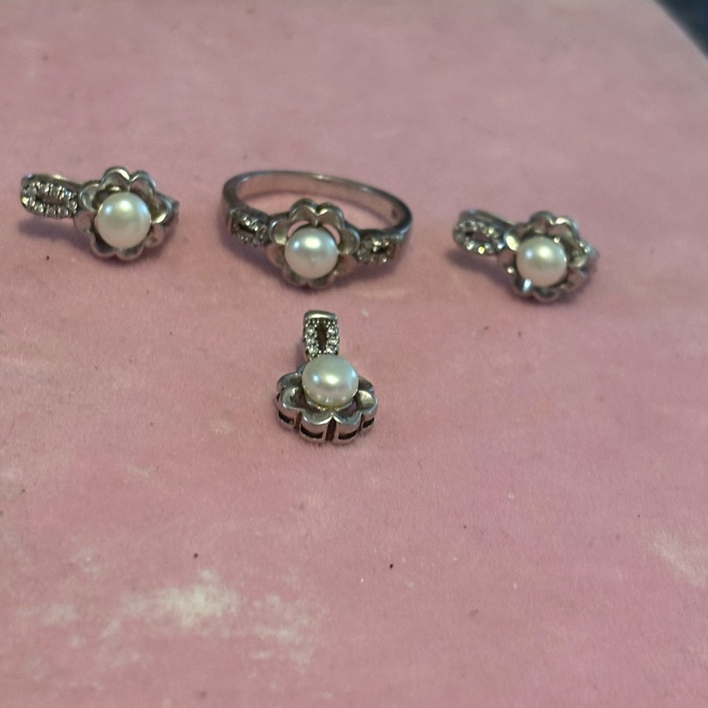 Wedding set 925 Sterling Silver Pearl Flower Jewelry Set - coat  White gold